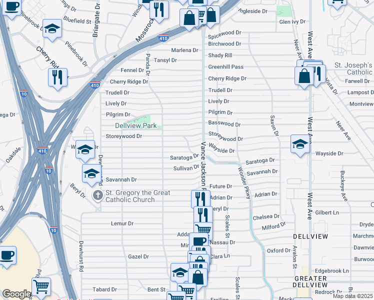 map of restaurants, bars, coffee shops, grocery stores, and more near 426 Wayside Drive in San Antonio