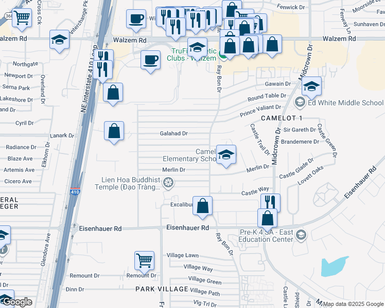 map of restaurants, bars, coffee shops, grocery stores, and more near 5127 Lancelot Drive in San Antonio