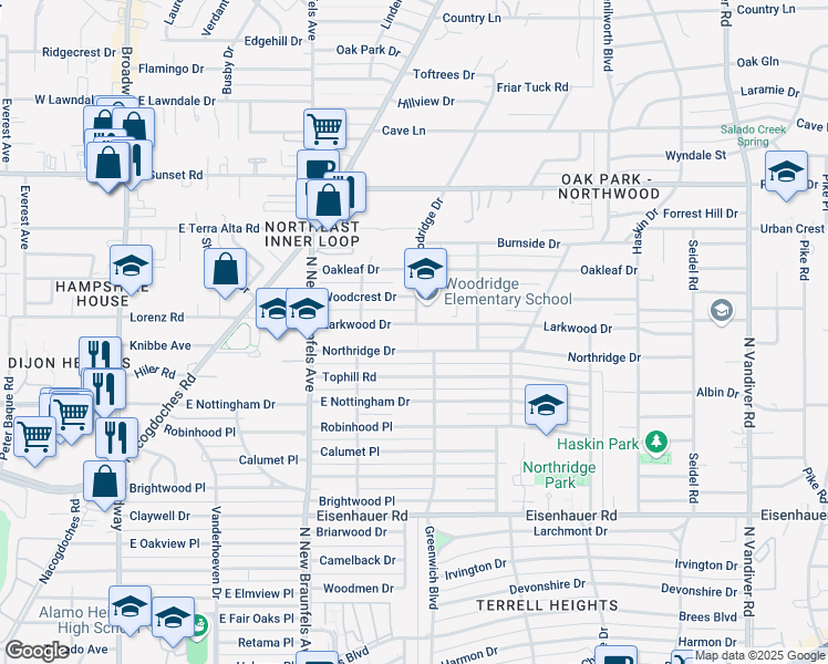 map of restaurants, bars, coffee shops, grocery stores, and more near 226 Larkwood Drive in San Antonio