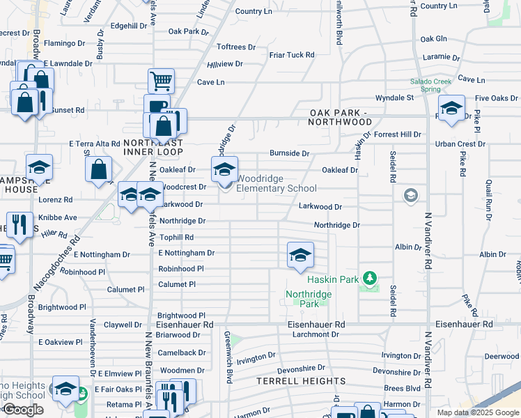 map of restaurants, bars, coffee shops, grocery stores, and more near 402 Larkwood Drive in San Antonio