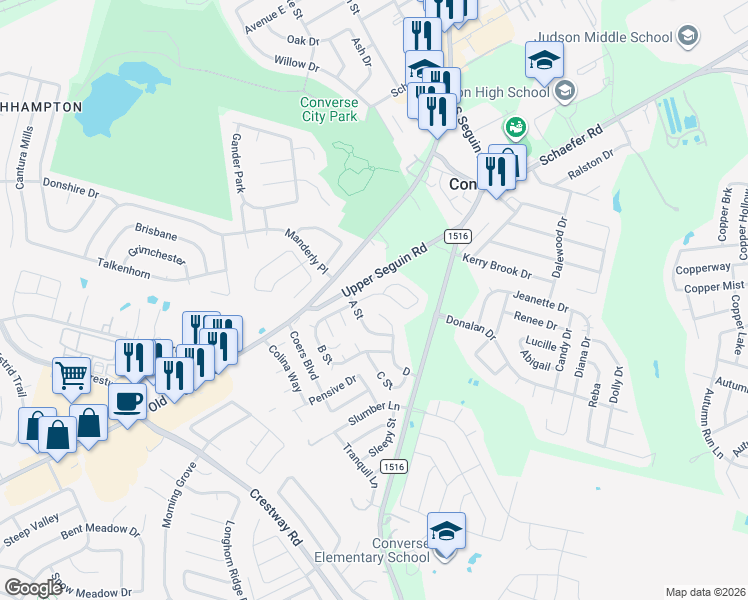 map of restaurants, bars, coffee shops, grocery stores, and more near 50 B Street in Converse