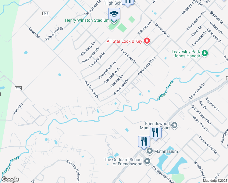 map of restaurants, bars, coffee shops, grocery stores, and more near 1409 Bayou Oak Drive in Friendswood