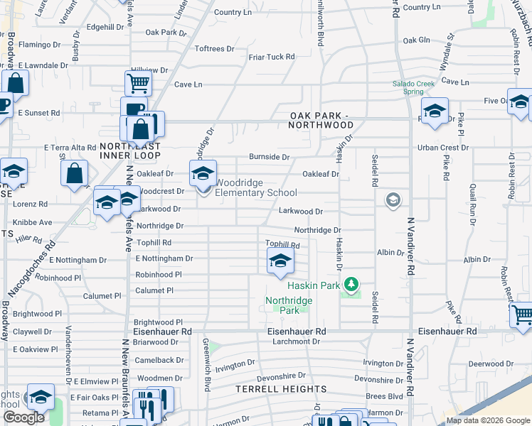 map of restaurants, bars, coffee shops, grocery stores, and more near 426 Larkwood Drive in San Antonio