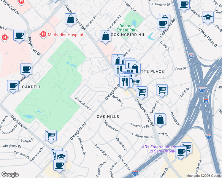 map of restaurants, bars, coffee shops, grocery stores, and more near 4006 High Ridge Circle in San Antonio