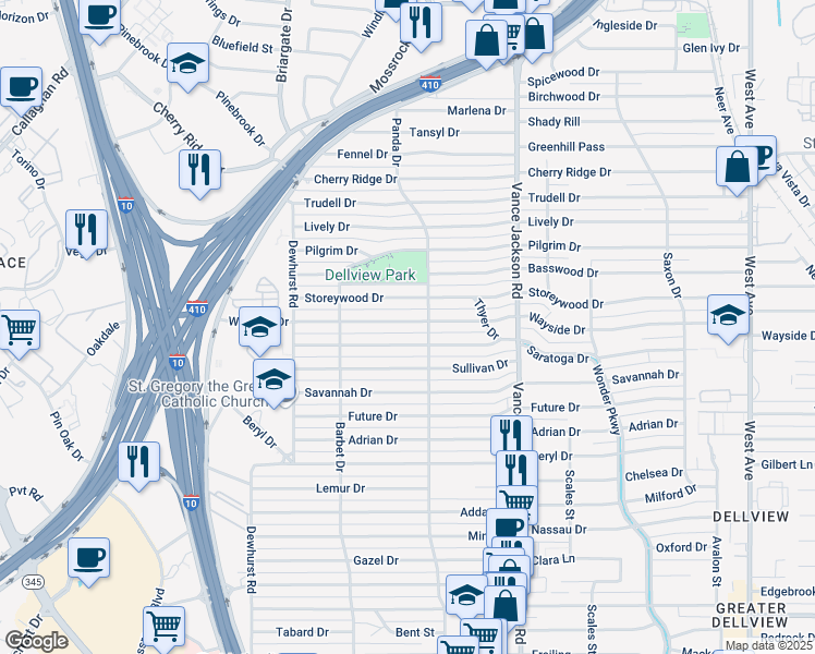 map of restaurants, bars, coffee shops, grocery stores, and more near 514 Wayside Drive in San Antonio
