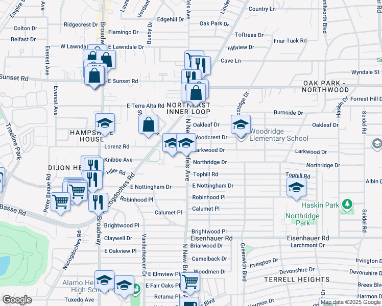 map of restaurants, bars, coffee shops, grocery stores, and more near 102 Larkwood Drive in San Antonio