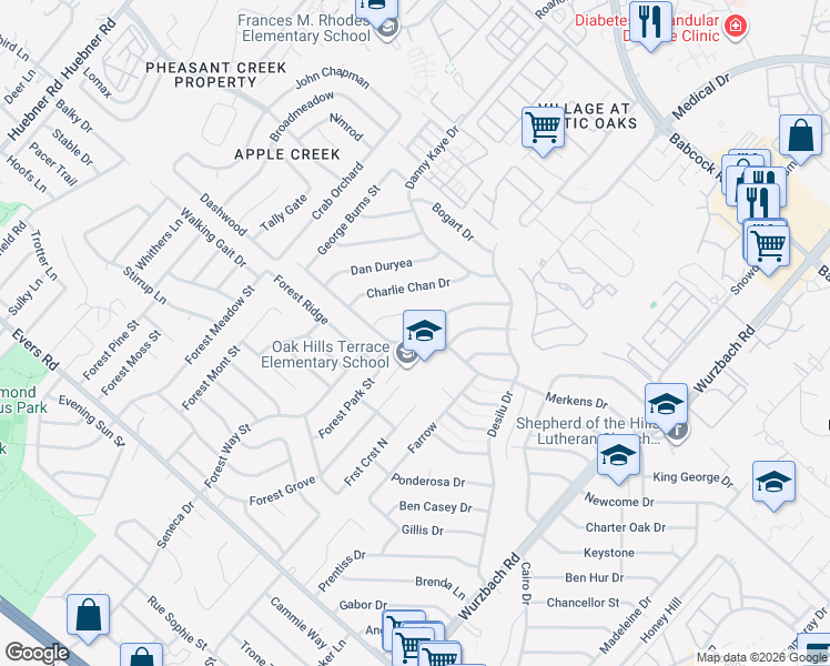 map of restaurants, bars, coffee shops, grocery stores, and more near 5711 Cary Grant Drive in San Antonio