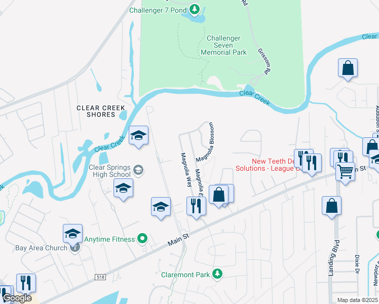 map of restaurants, bars, coffee shops, grocery stores, and more near 407 Magnolia Estates Drive in League City
