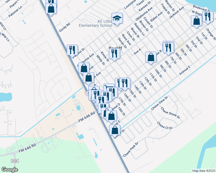 map of restaurants, bars, coffee shops, grocery stores, and more near 4430 17th Street in Bacliff