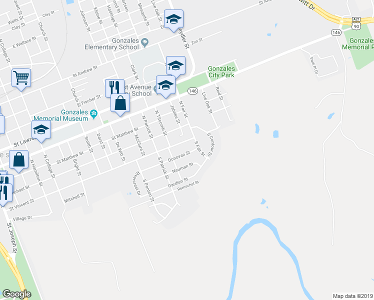 map of restaurants, bars, coffee shops, grocery stores, and more near 1703 Donovan Street in Gonzales