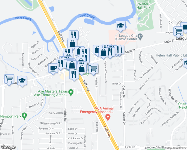 map of restaurants, bars, coffee shops, grocery stores, and more near 200 Gulf Freeway in League City