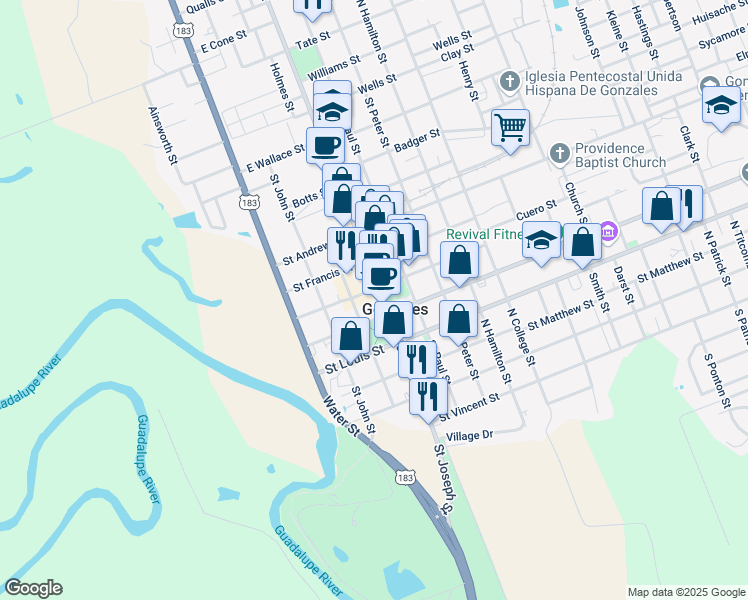 map of restaurants, bars, coffee shops, grocery stores, and more near 519 Saint Joseph Street in Gonzales