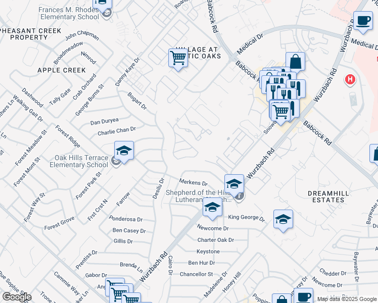 map of restaurants, bars, coffee shops, grocery stores, and more near 5414 Bright Run in San Antonio