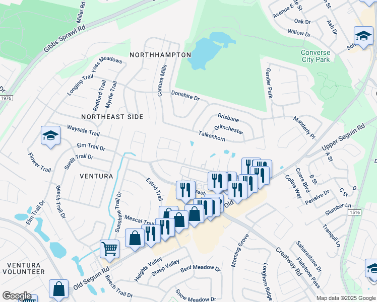 map of restaurants, bars, coffee shops, grocery stores, and more near 8365 Brucks Drive in Converse