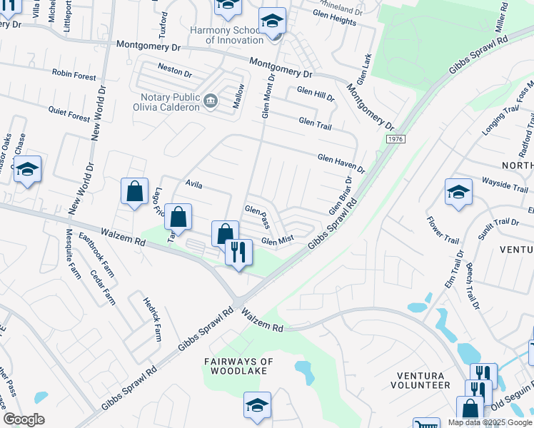 map of restaurants, bars, coffee shops, grocery stores, and more near 7025 Glen Pass in San Antonio