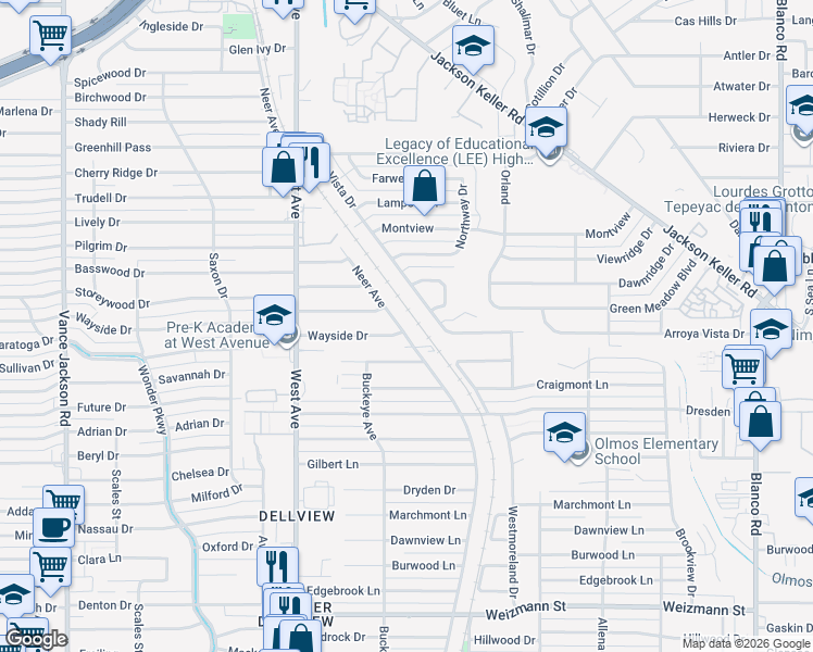 map of restaurants, bars, coffee shops, grocery stores, and more near 5202 Neer Avenue in San Antonio