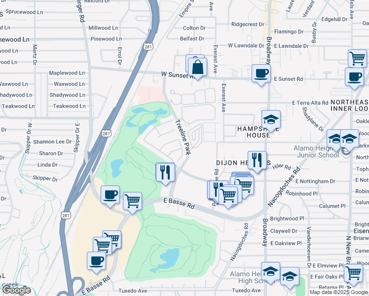 map of restaurants, bars, coffee shops, grocery stores, and more near 101 Bristol Green in San Antonio