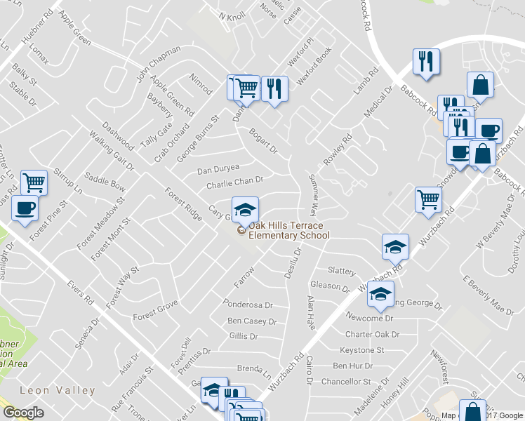map of restaurants, bars, coffee shops, grocery stores, and more near 5627 Lon Chaney Drive in San Antonio
