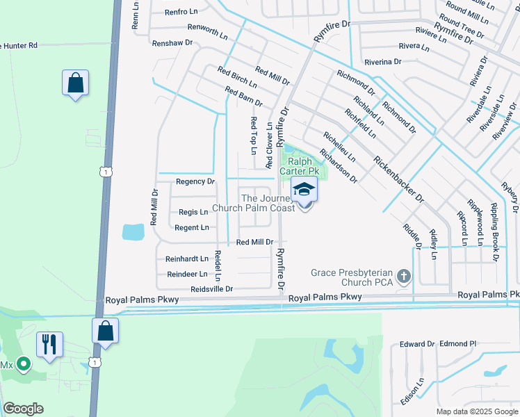 map of restaurants, bars, coffee shops, grocery stores, and more near 8 Reybell Lane in Palm Coast