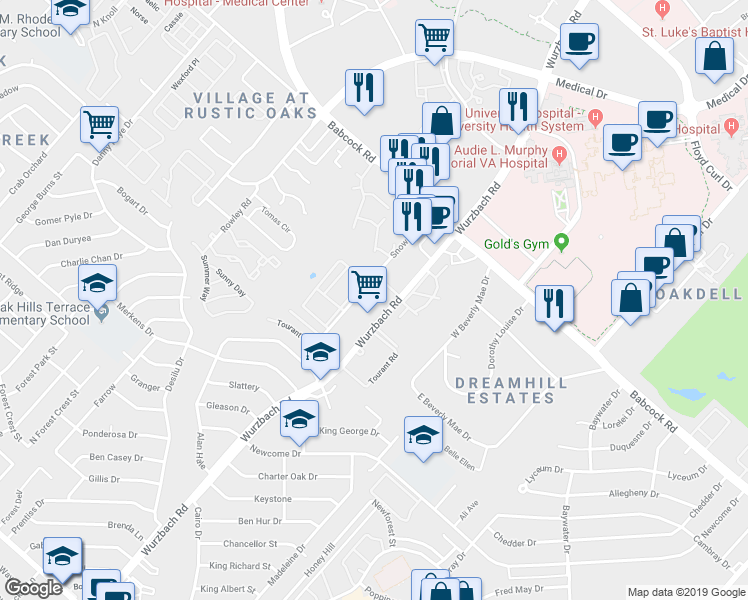 map of restaurants, bars, coffee shops, grocery stores, and more near 7133 Wurzbach Road in San Antonio