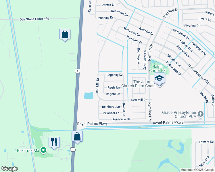 map of restaurants, bars, coffee shops, grocery stores, and more near 14 Regis Lane in Palm Coast