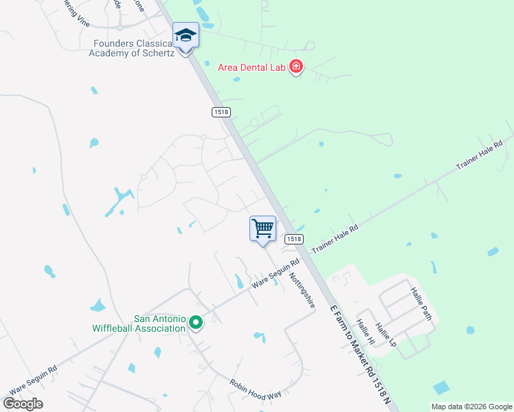 map of restaurants, bars, coffee shops, grocery stores, and more near 7668 Farm to Market Road 1518 in Schertz