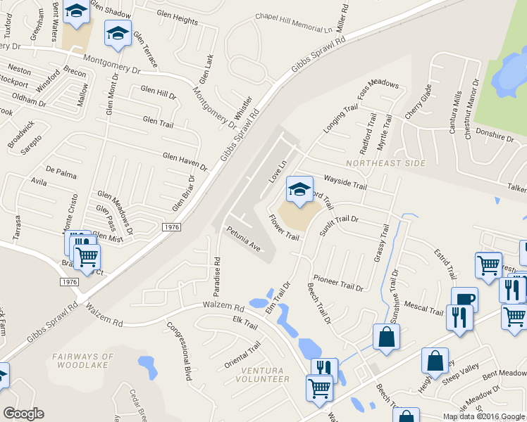 map of restaurants, bars, coffee shops, grocery stores, and more near 7900 Flower Trail in San Antonio