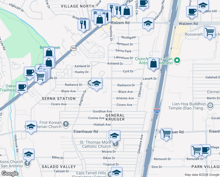 map of restaurants, bars, coffee shops, grocery stores, and more near 438 Lanark Drive in San Antonio