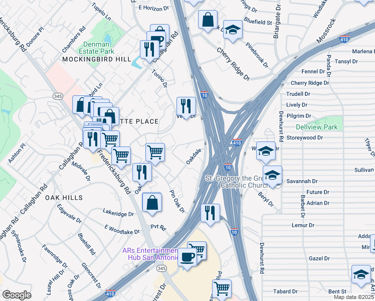 map of restaurants, bars, coffee shops, grocery stores, and more near 3431 Oakdale in San Antonio