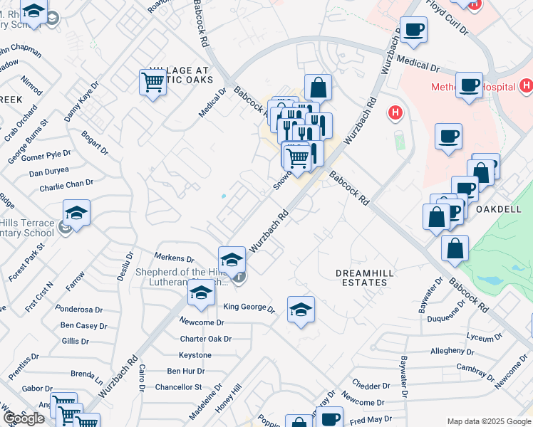 map of restaurants, bars, coffee shops, grocery stores, and more near 7133 Wurzbach Road in San Antonio