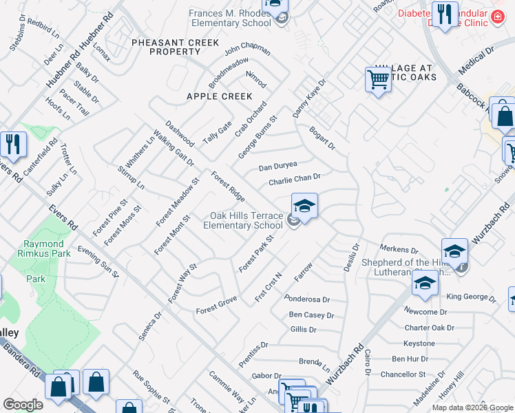 map of restaurants, bars, coffee shops, grocery stores, and more near 5934 Forest Ridge in San Antonio