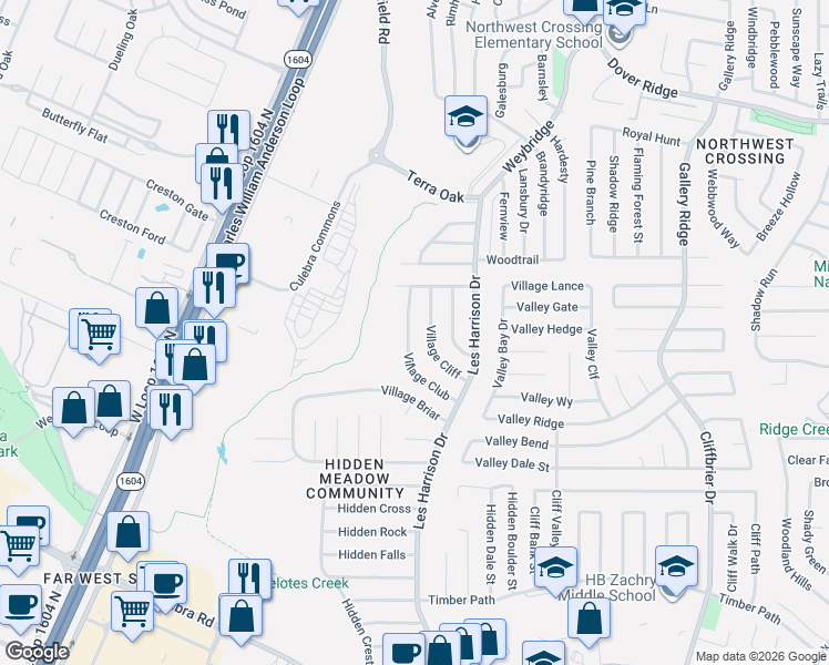 map of restaurants, bars, coffee shops, grocery stores, and more near 6357 Village Club in San Antonio