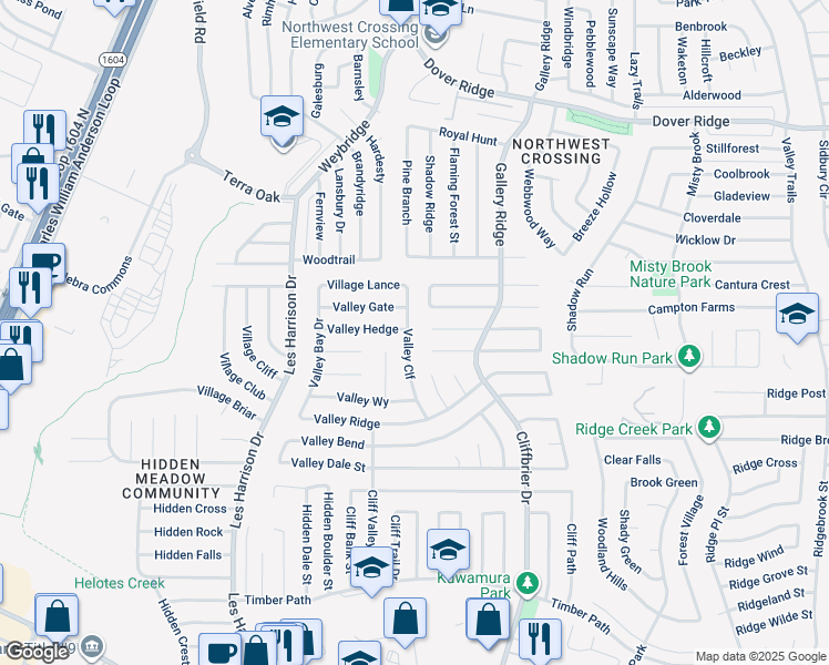 map of restaurants, bars, coffee shops, grocery stores, and more near 6190 Valley Cliff in San Antonio