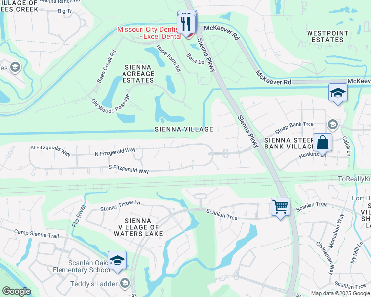 map of restaurants, bars, coffee shops, grocery stores, and more near 3911 Gallaher Ct in Missouri City