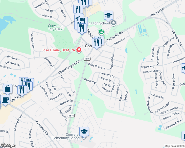 map of restaurants, bars, coffee shops, grocery stores, and more near 313 Vivian Drive in Converse