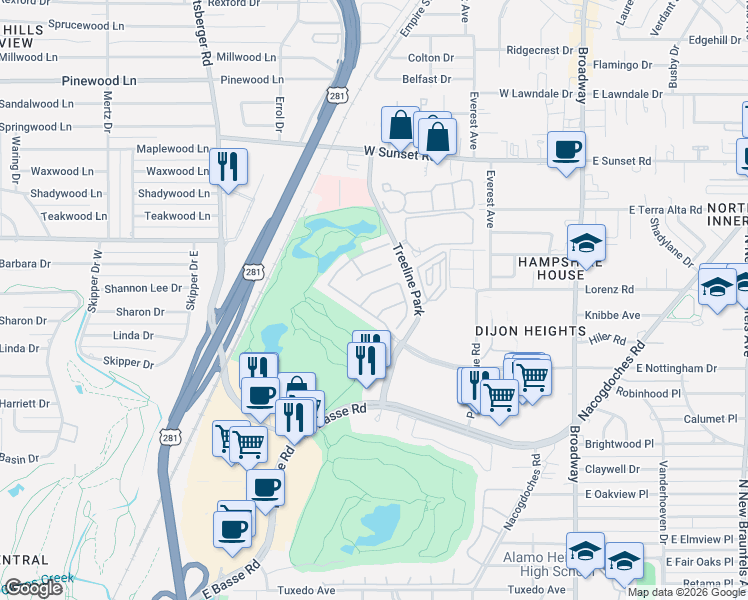 map of restaurants, bars, coffee shops, grocery stores, and more near 4 Seaton Green in San Antonio