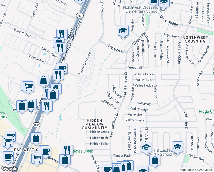 map of restaurants, bars, coffee shops, grocery stores, and more near 6357 Village Club in San Antonio