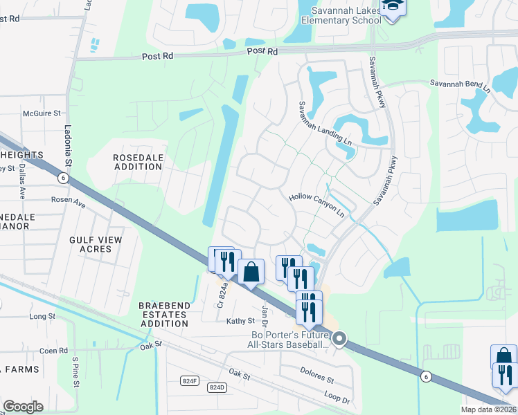 map of restaurants, bars, coffee shops, grocery stores, and more near 14120 Spring Knoll Lane in Rosharon