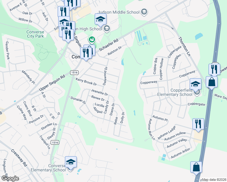 map of restaurants, bars, coffee shops, grocery stores, and more near 309 Crown Court in Converse