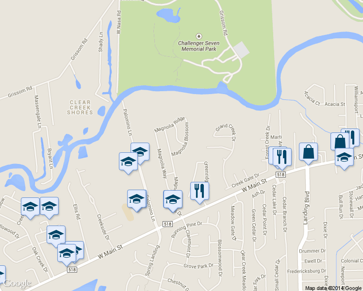 map of restaurants, bars, coffee shops, grocery stores, and more near 407 Magnolia Blossom in League City