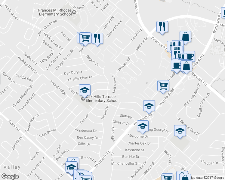 map of restaurants, bars, coffee shops, grocery stores, and more near 7135 Summer Way in San Antonio