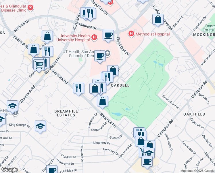 map of restaurants, bars, coffee shops, grocery stores, and more near 7302 Louis Pasteur Drive in San Antonio