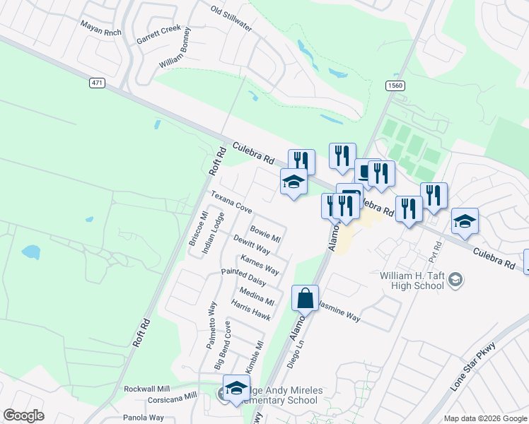 map of restaurants, bars, coffee shops, grocery stores, and more near 12051 Texana Cove in San Antonio