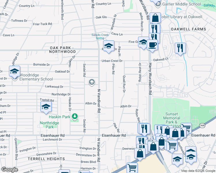 map of restaurants, bars, coffee shops, grocery stores, and more near 7406 Bridgewater Drive in San Antonio