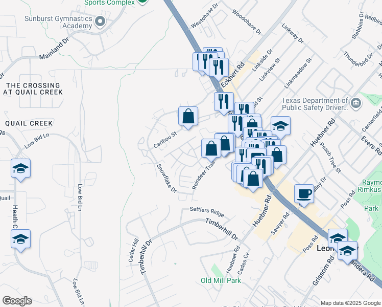 map of restaurants, bars, coffee shops, grocery stores, and more near 7211 Nugget Lane in San Antonio