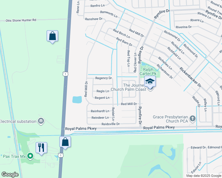 map of restaurants, bars, coffee shops, grocery stores, and more near 2 Regis Lane in Palm Coast