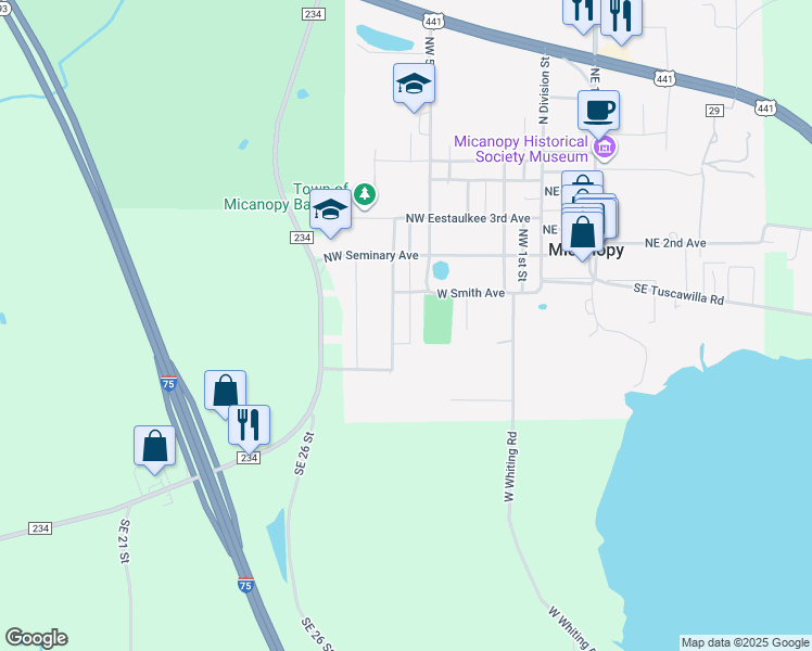 map of restaurants, bars, coffee shops, grocery stores, and more near 110 Southwest 6th Street in Micanopy