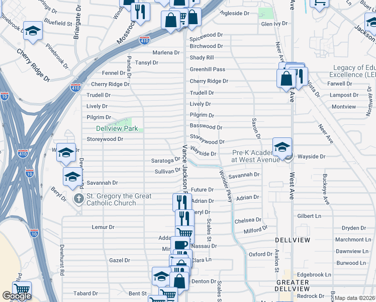map of restaurants, bars, coffee shops, grocery stores, and more near 354 Wayside Drive in San Antonio