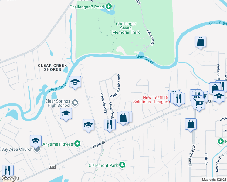 map of restaurants, bars, coffee shops, grocery stores, and more near 407 Magnolia Blossom in League City