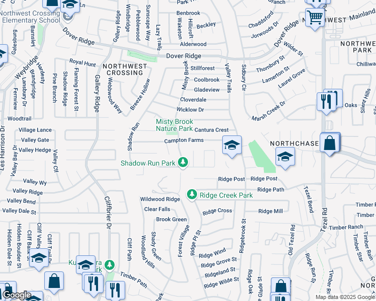 map of restaurants, bars, coffee shops, grocery stores, and more near 6930 Misty Brook in San Antonio